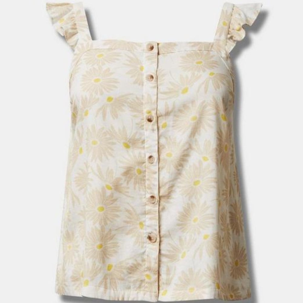 Torrid Women's Plus Double Gauze Ruffle Button Front Tank Top Daisy Daydream